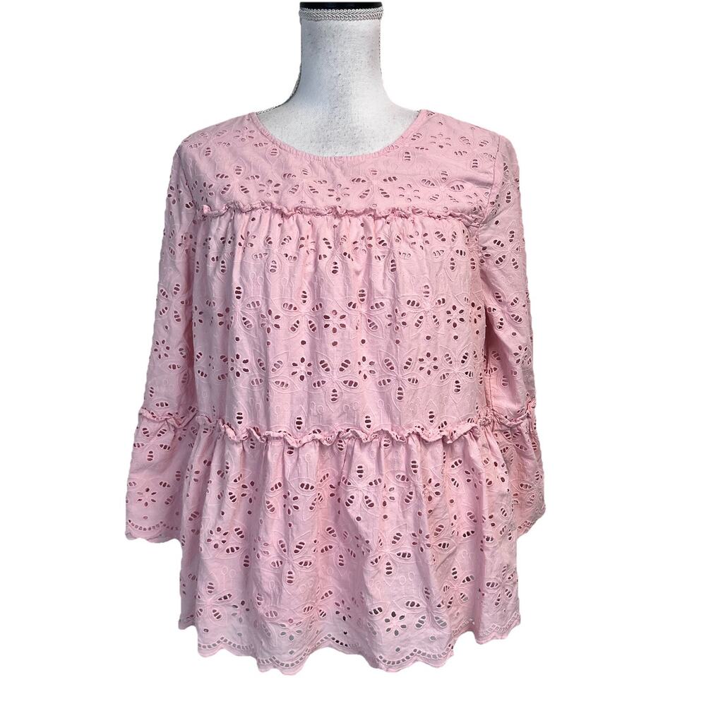 Crown & Ivy Blouse Tunic size Large Pink Floral Eyelet Ruffles Wedding Summer